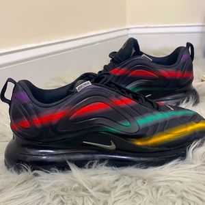 Stylish Unisex Airmax 720 Black metallic silver with a splash of green and red.